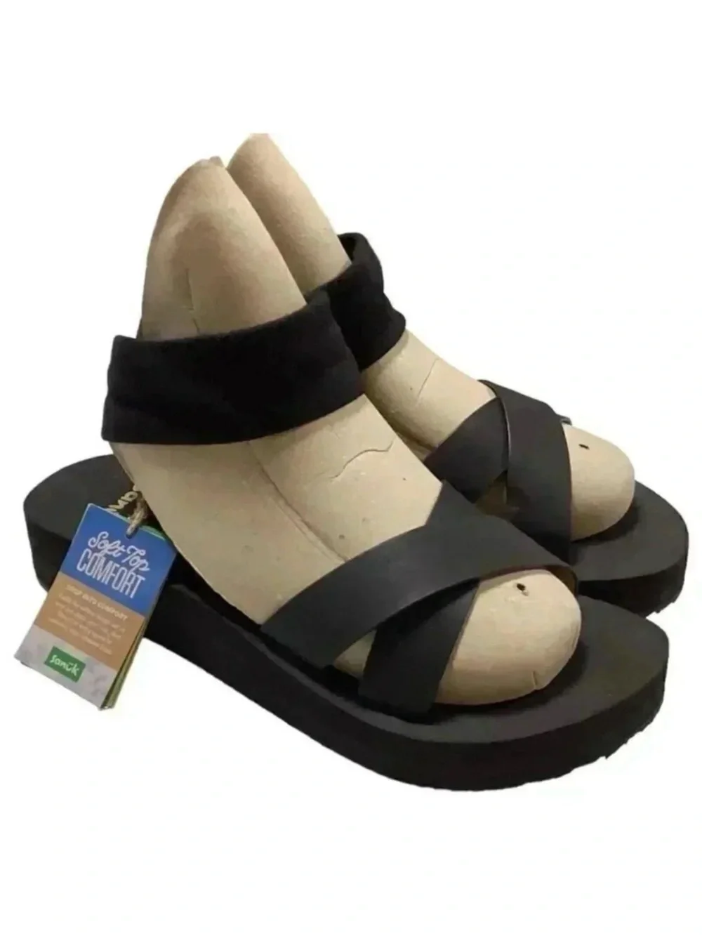Sanuk Highland Sling ST Soft Top Womens 9 Black Platform Sandals Slip On NEW